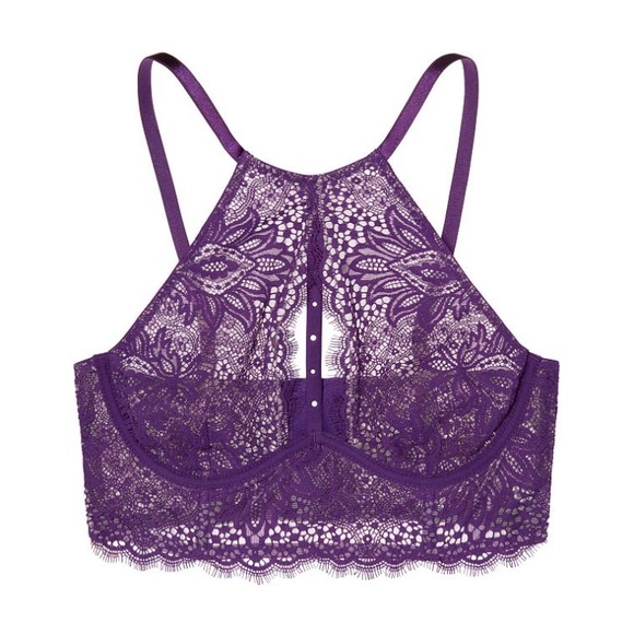 ✨HP✨ VS Leather Lace High-Neck Halter Long-Line Bra 32C - Picture 5 of 8